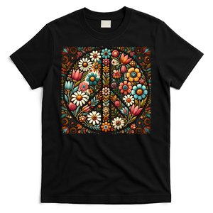 Folk Art Style Peace Sign In Flowers T-Shirt