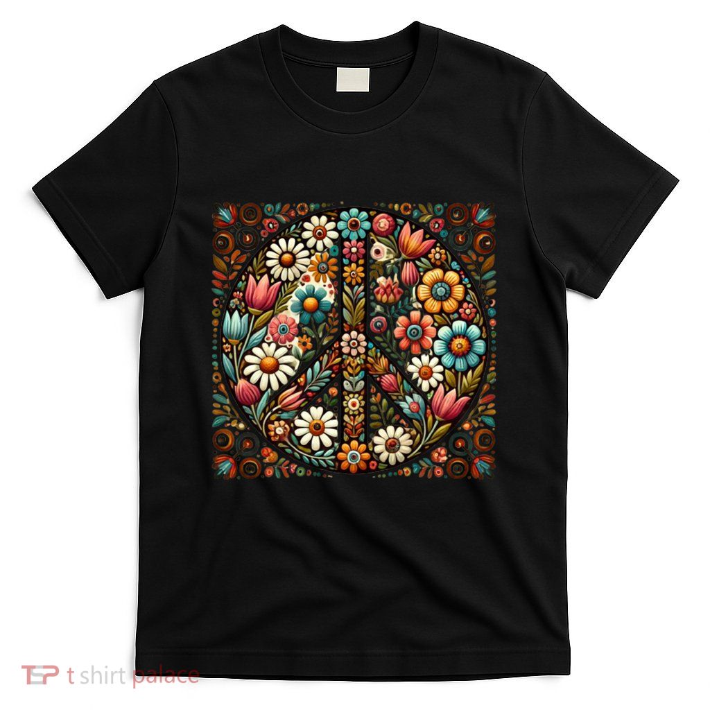 Folk Art Style Peace Sign In Flowers T-Shirt