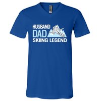 Funny Alpine Skiing Husband Dad Skiing Legend Gift V-Neck T-Shirt