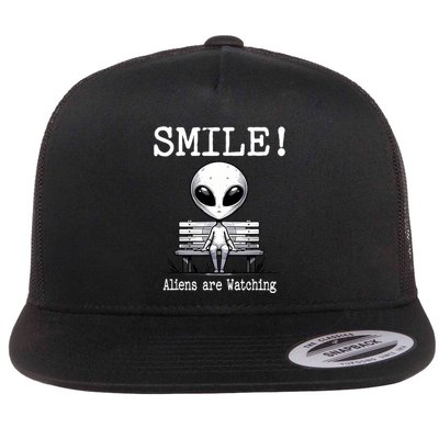 Funny Alien Sitting On Bench Smile Aliens Are Watching Flat Bill Trucker Hat