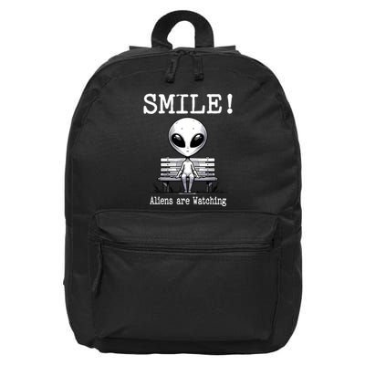 Funny Alien Sitting On Bench Smile Aliens Are Watching 16 in Basic Backpack