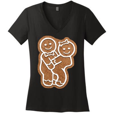 Funny Adult Sex Joke Naughty Gingerbread Make Love Christmas Matching Couple Women's V-Neck T-Shirt
