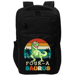 Four A Saurus Birthday T Rex 4 Year Old Dino 4th Dinosaur Gift Impact Tech Backpack