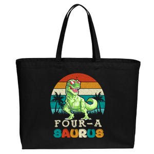 Four A Saurus Birthday T Rex 4 Year Old Dino 4th Dinosaur Gift Cotton Canvas Jumbo Tote