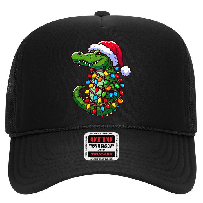 Funny Alligator Santa Hat Christmas Pajama High Crown Mesh Back Trucker Hat