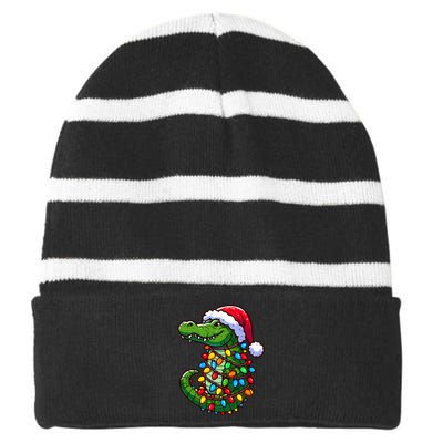 Funny Alligator Santa Hat Christmas Pajama Striped Beanie with Solid Band