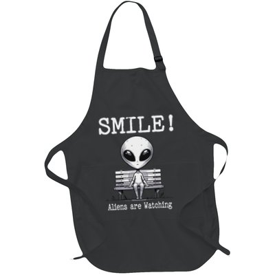 Funny Alien Sitting On Bench Smile Aliens Are Watching Full-Length Apron With Pockets