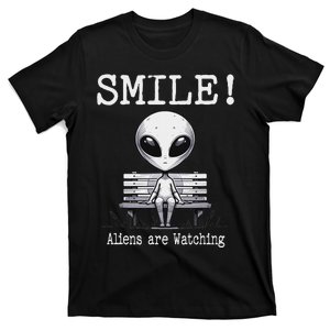 Funny Alien Sitting On Bench Smile Aliens Are Watching T-Shirt