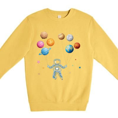 Funny Astronaut Spaceman Flies With Planet Balloons Premium Crewneck Sweatshirt