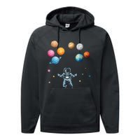 Funny Astronaut Spaceman Flies With Planet Balloons Performance Fleece Hoodie