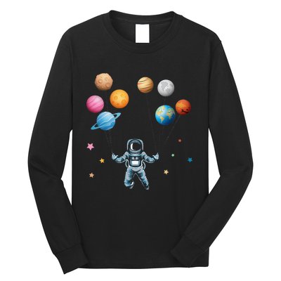 Funny Astronaut Spaceman Flies With Planet Balloons Long Sleeve Shirt