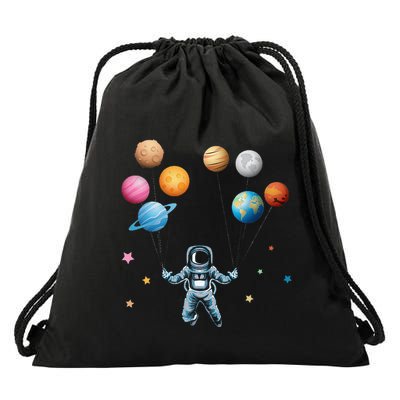 Funny Astronaut Spaceman Flies With Planet Balloons Drawstring Bag