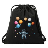 Funny Astronaut Spaceman Flies With Planet Balloons Drawstring Bag