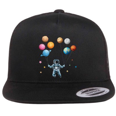 Funny Astronaut Spaceman Flies With Planet Balloons Flat Bill Trucker Hat