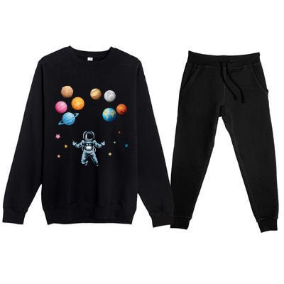 Funny Astronaut Spaceman Flies With Planet Balloons Premium Crewneck Sweatsuit Set