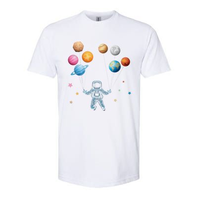 Funny Astronaut Spaceman Flies With Planet Balloons Softstyle® CVC T-Shirt