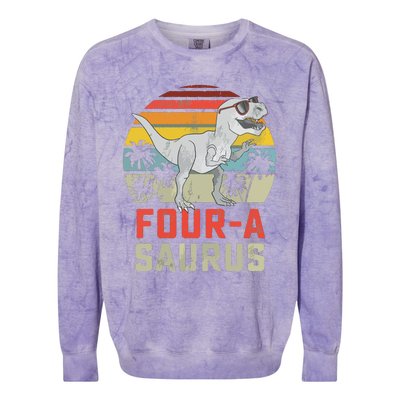 Four A Saurus Birthday T Rex 4 Year Old Dino 4th Dinosaur Colorblast Crewneck Sweatshirt