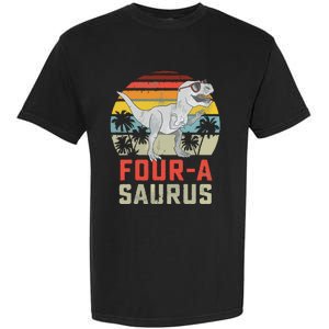 Four A Saurus Birthday T Rex 4 Year Old Dino 4th Dinosaur Garment-Dyed Heavyweight T-Shirt