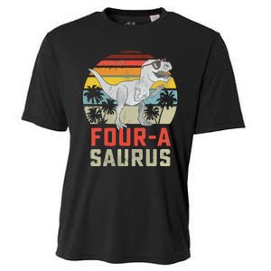 Four A Saurus Birthday T Rex 4 Year Old Dino 4th Dinosaur Cooling Performance Crew T-Shirt