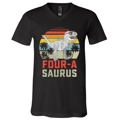 Four A Saurus Birthday T Rex 4 Year Old Dino 4th Dinosaur V-Neck T-Shirt