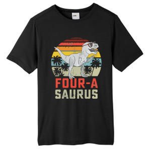 Four A Saurus Birthday T Rex 4 Year Old Dino 4th Dinosaur Tall Fusion ChromaSoft Performance T-Shirt