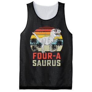 Four A Saurus Birthday T Rex 4 Year Old Dino 4th Dinosaur Mesh Reversible Basketball Jersey Tank