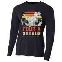 Four A Saurus Birthday T Rex 4 Year Old Dino 4th Dinosaur Cooling Performance Long Sleeve Crew