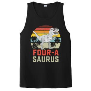 Four A Saurus Birthday T Rex 4 Year Old Dino 4th Dinosaur PosiCharge Competitor Tank