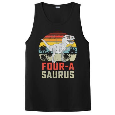 Four A Saurus Birthday T Rex 4 Year Old Dino 4th Dinosaur PosiCharge Competitor Tank