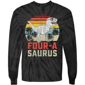 Four A Saurus Birthday T Rex 4 Year Old Dino 4th Dinosaur Tie-Dye Long Sleeve Shirt