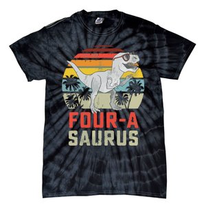 Four A Saurus Birthday T Rex 4 Year Old Dino 4th Dinosaur Tie-Dye T-Shirt