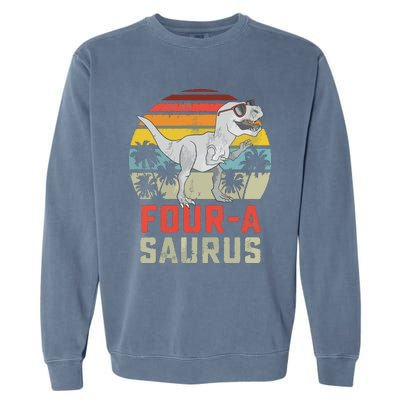 Four A Saurus Birthday T Rex 4 Year Old Dino 4th Dinosaur Garment-Dyed Sweatshirt