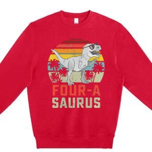 Four A Saurus Birthday T Rex 4 Year Old Dino 4th Dinosaur Premium Crewneck Sweatshirt