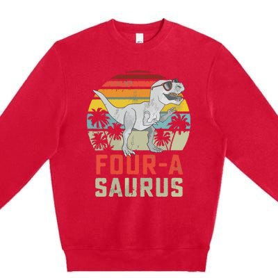 Four A Saurus Birthday T Rex 4 Year Old Dino 4th Dinosaur Premium Crewneck Sweatshirt