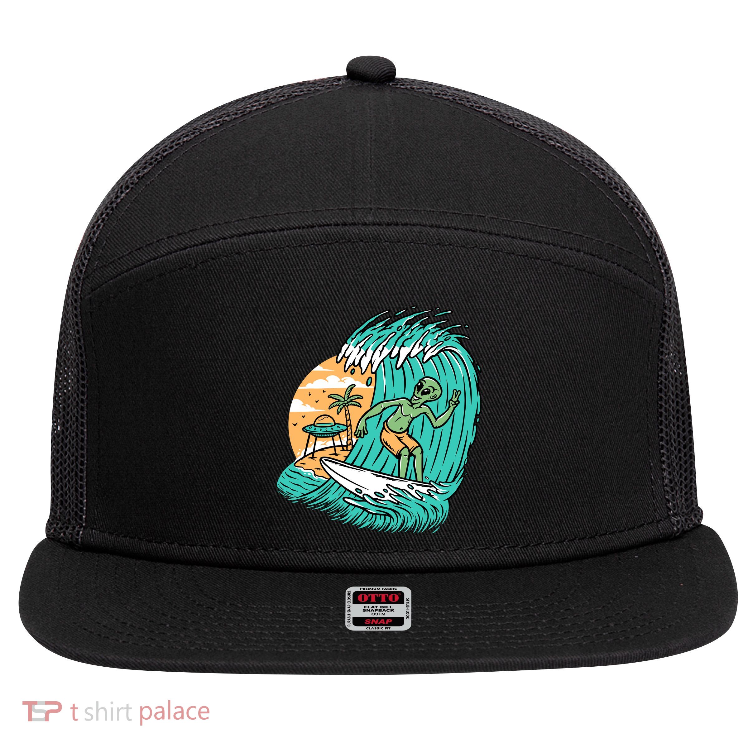 Funny Aliens Surfing On The Beach Holiday 7 Panel Mesh Trucker Snapback Hat