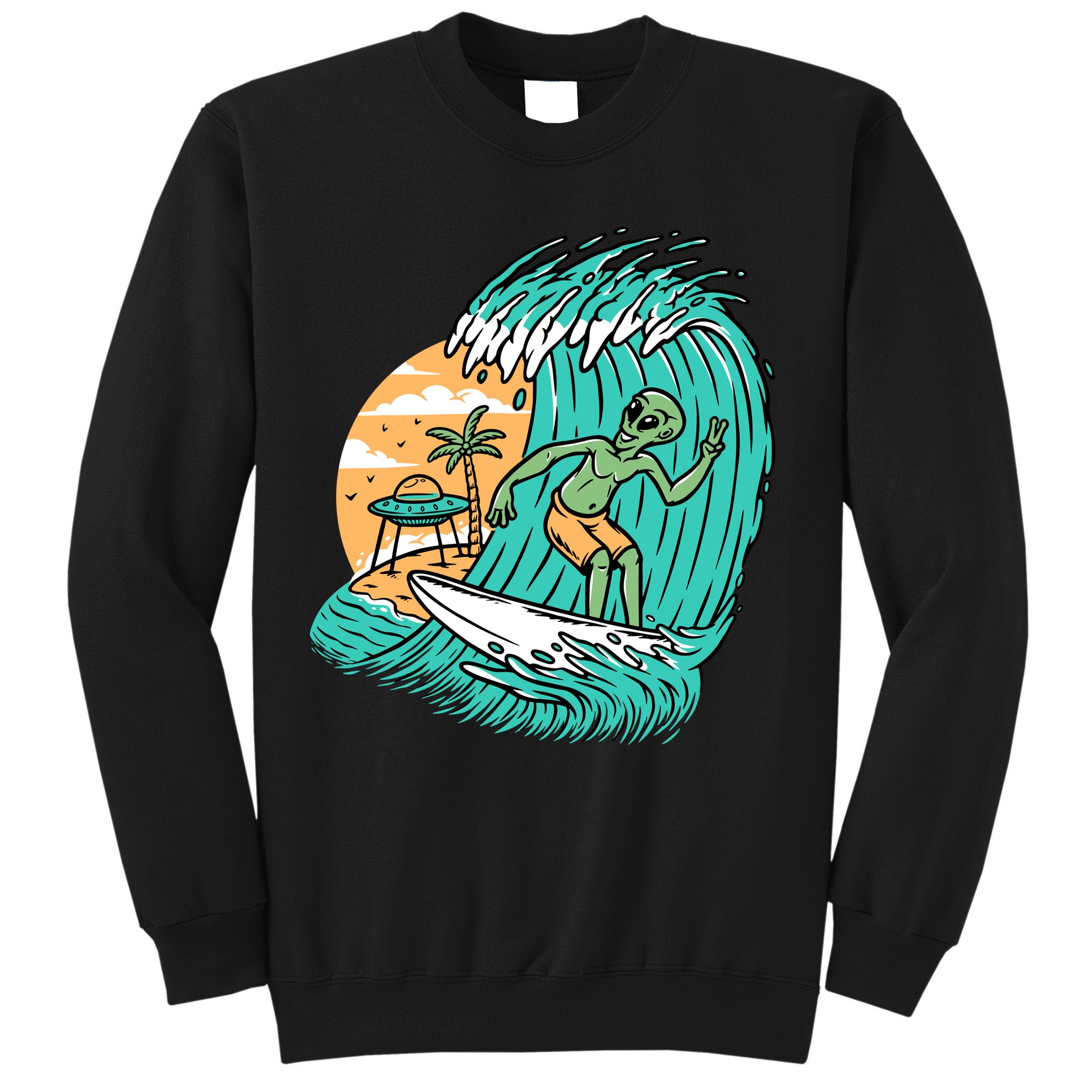 Funny Aliens Surfing On The Beach Holiday Sweatshirt