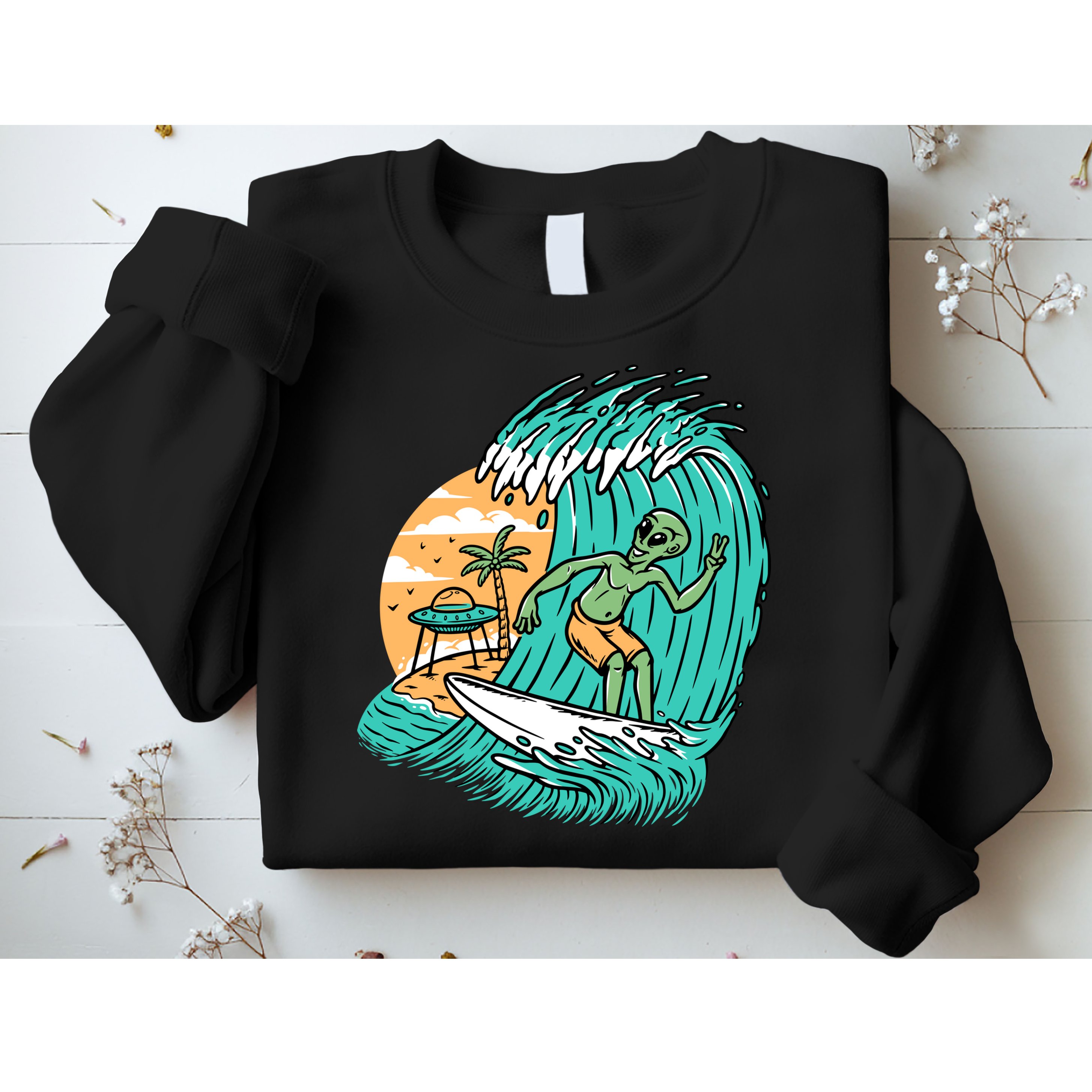 Funny Aliens Surfing On The Beach Holiday Sweatshirt