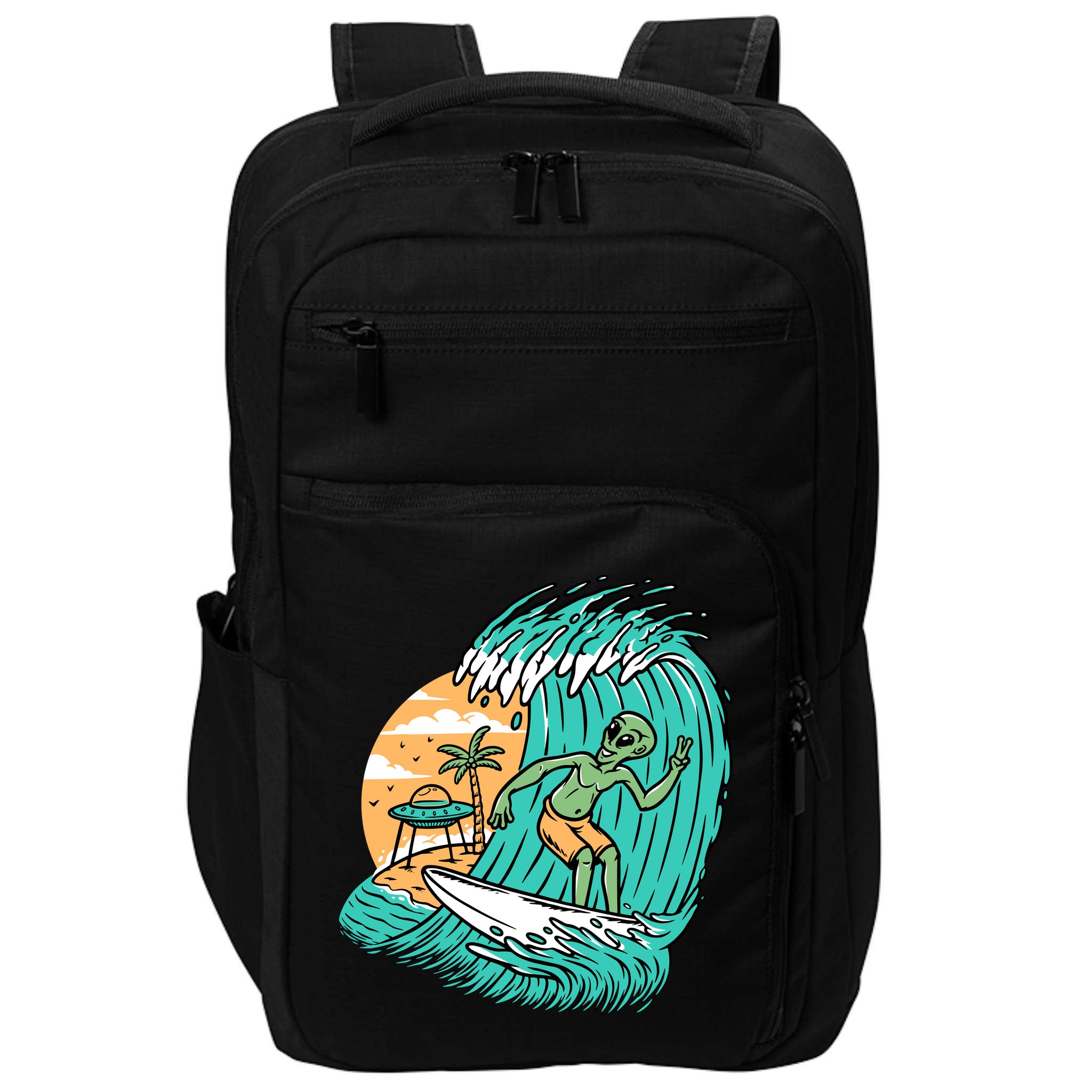Funny Aliens Surfing On The Beach Holiday Impact Tech Backpack