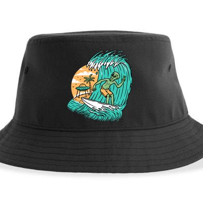 Funny Aliens Surfing On The Beach Holiday Sustainable Bucket Hat
