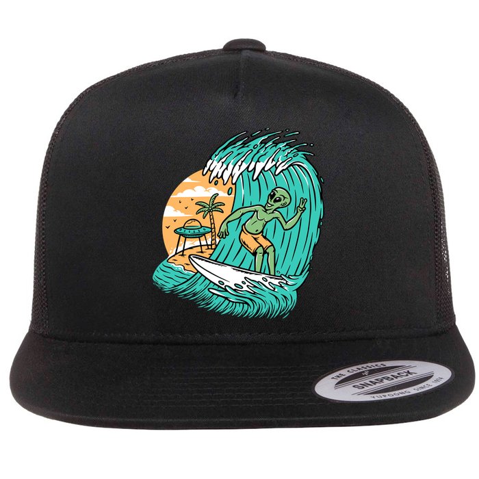 Funny Aliens Surfing On The Beach Holiday Flat Bill Trucker Hat