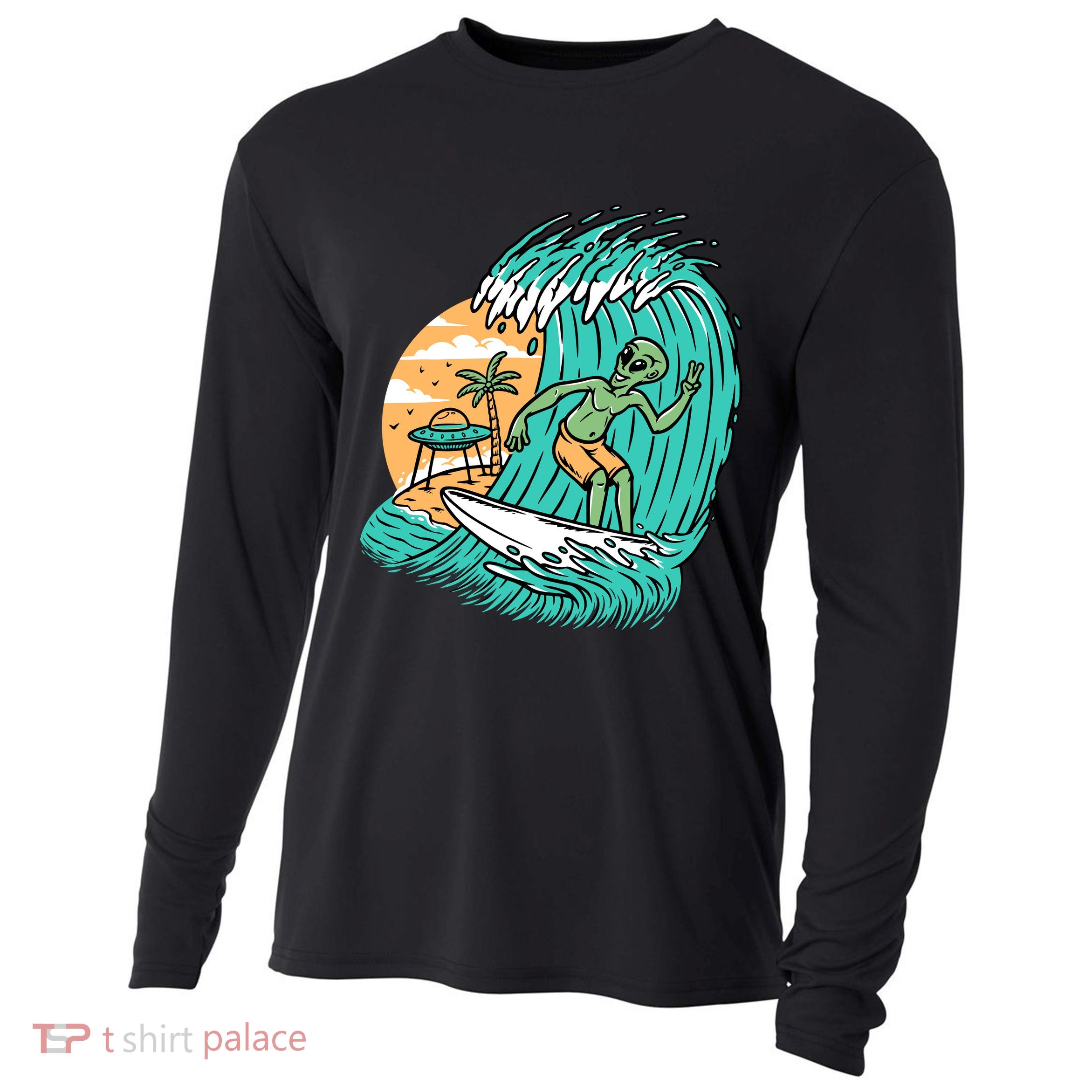 Funny Aliens Surfing On The Beach Holiday Cooling Performance Long Sleeve Crew