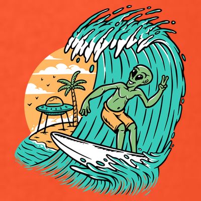 Funny Aliens Surfing On The Beach Holiday T-Shirt