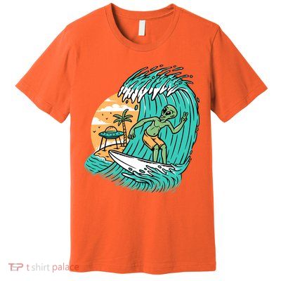 Funny Aliens Surfing On The Beach Holiday Premium T-Shirt