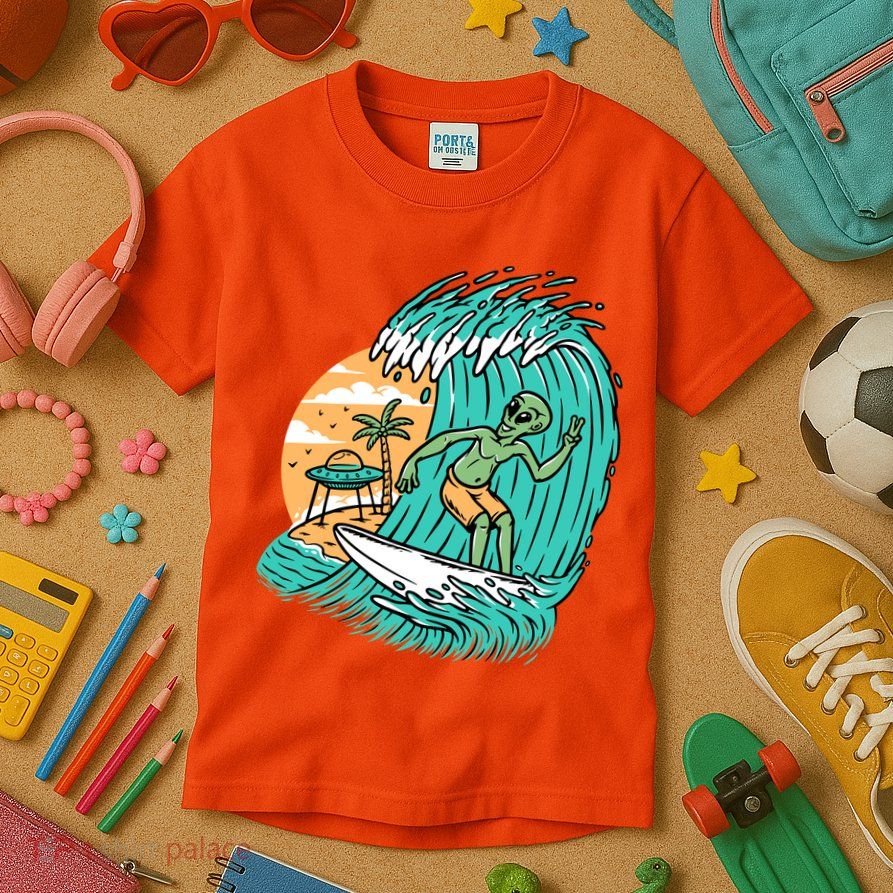 Funny Aliens Surfing On The Beach Holiday Kids T-Shirt