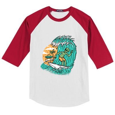 Funny Aliens Surfing On The Beach Holiday Kids Colorblock Raglan Jersey