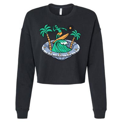 Funny Alien Surfing Inside UFO Holiday Gift Surf Cropped Pullover Crew