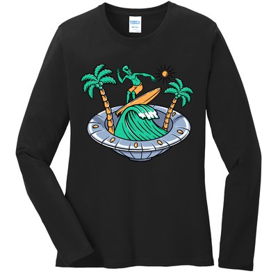 Funny Alien Surfing Inside UFO Holiday Gift Surf Ladies Long Sleeve Shirt