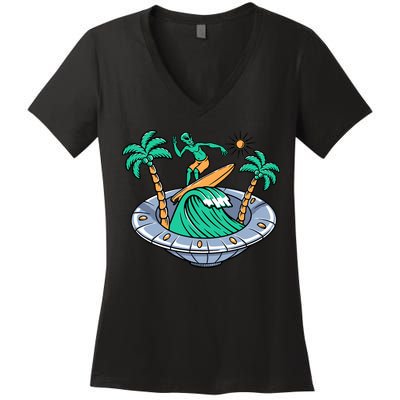 Funny Alien Surfing Inside UFO Holiday Gift Surf Women's V-Neck T-Shirt