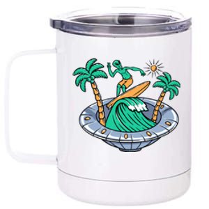 Funny Alien Surfing Inside UFO Holiday Gift Surf 12 oz Stainless Steel Tumbler Cup