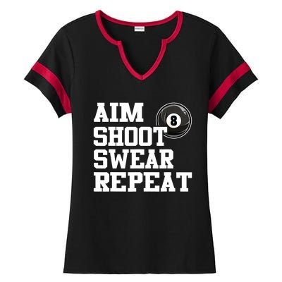 Funny Aim Shoot Swear Repeat 8 Ball Pool Billiards Player Gift Ladies Halftime Notch Neck Tee